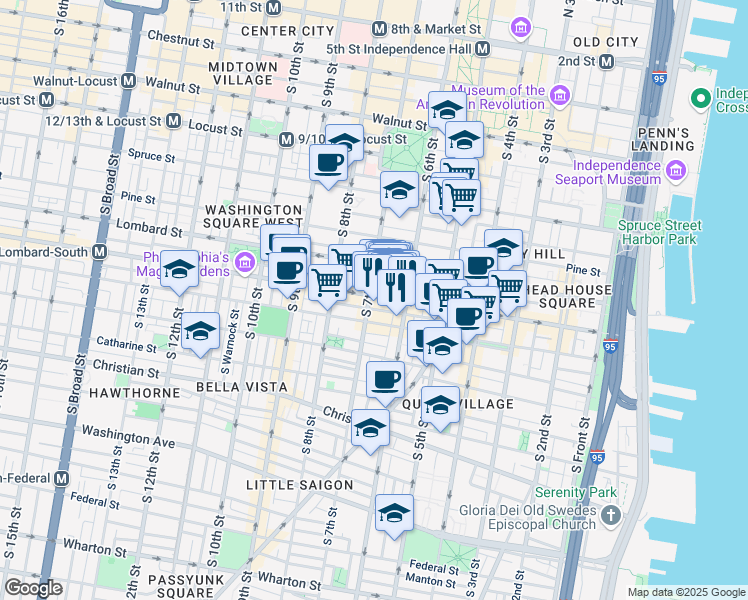 map of restaurants, bars, coffee shops, grocery stores, and more near 648 South Street in Philadelphia