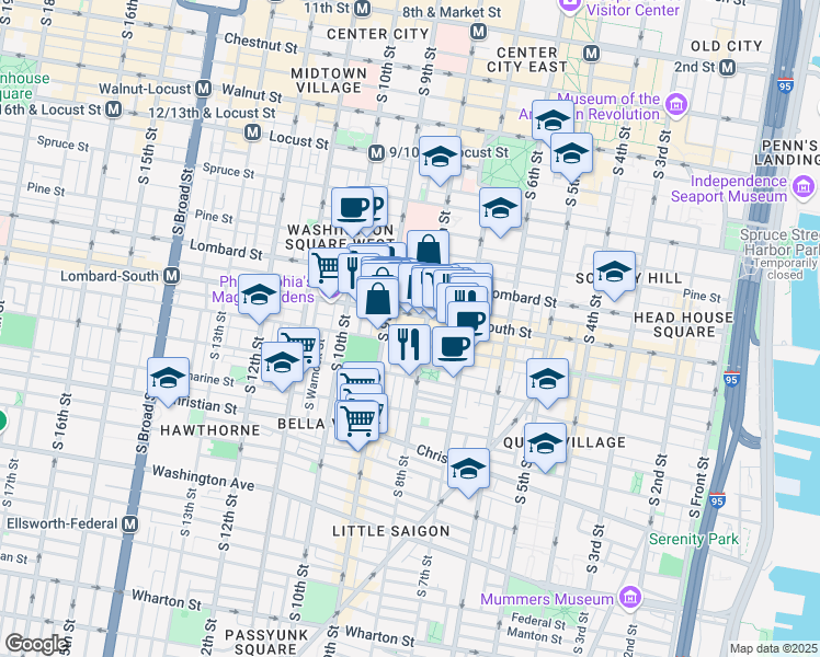 map of restaurants, bars, coffee shops, grocery stores, and more near 815 Kater Street in Philadelphia
