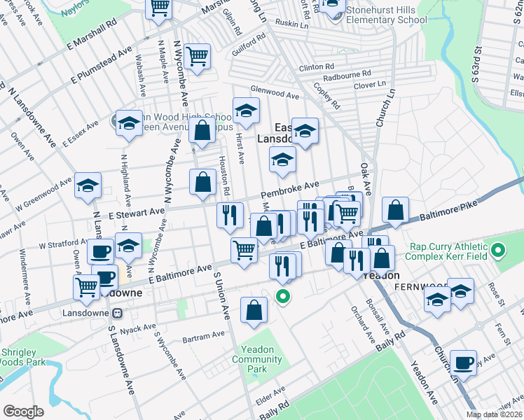map of restaurants, bars, coffee shops, grocery stores, and more near 58 Melrose Avenue in Lansdowne