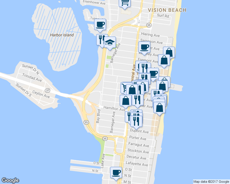 map of restaurants, bars, coffee shops, grocery stores, and more near 610 Barnegat Avenue in Seaside Heights