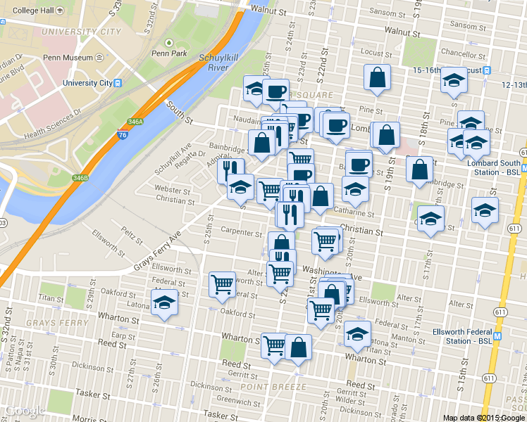 map of restaurants, bars, coffee shops, grocery stores, and more near 2311 Christian Street in Philadelphia