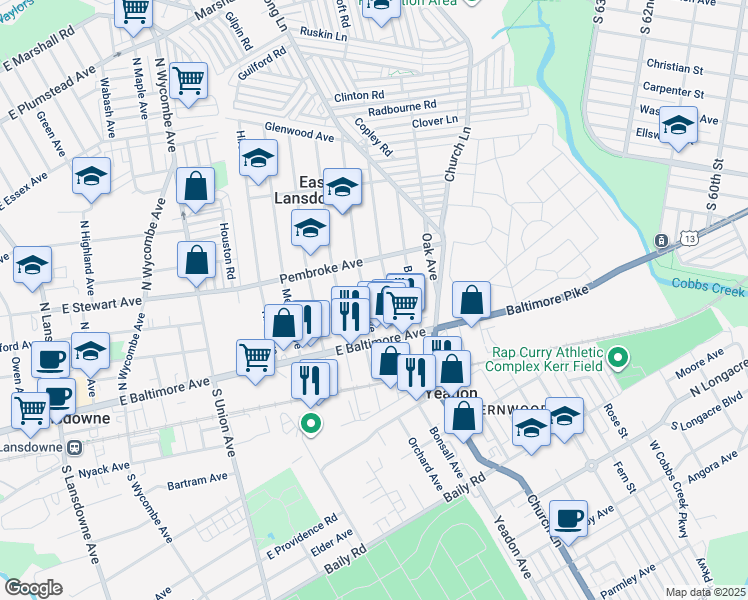 map of restaurants, bars, coffee shops, grocery stores, and more near 39 Lewis Avenue in East Lansdowne