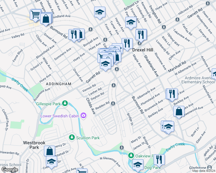 map of restaurants, bars, coffee shops, grocery stores, and more near 4000 Lasher Road in Drexel Hill