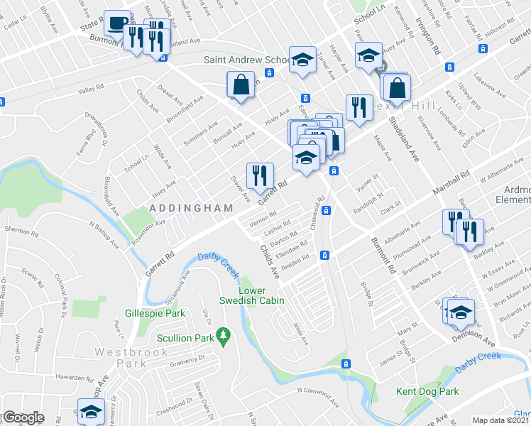 map of restaurants, bars, coffee shops, grocery stores, and more near 4101 Vernon Road in Drexel Hill