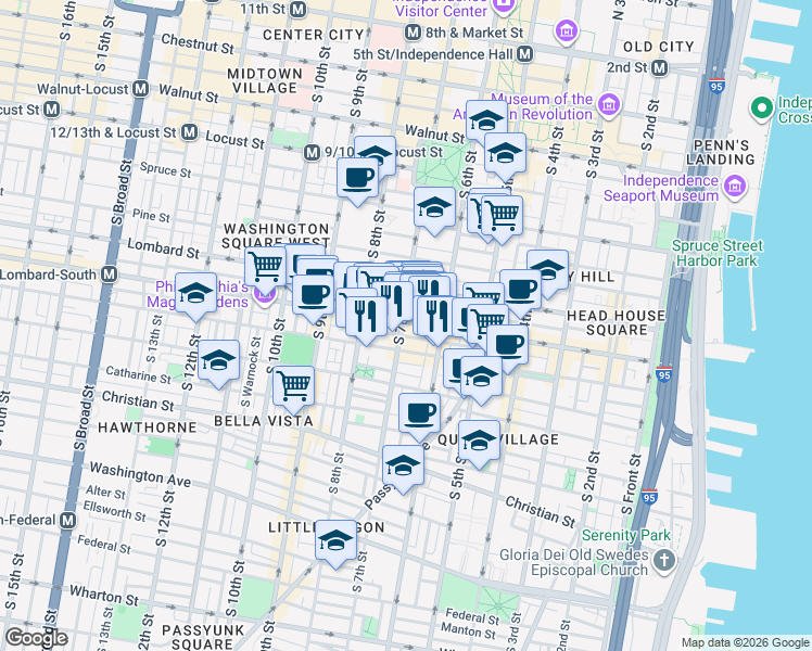 map of restaurants, bars, coffee shops, grocery stores, and more near in Philadelphia