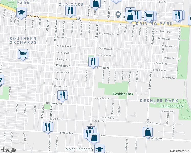 map of restaurants, bars, coffee shops, grocery stores, and more near 1164 Lockbourne Road in Columbus