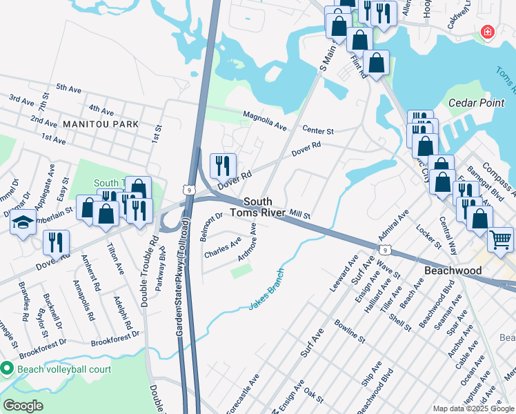 map of restaurants, bars, coffee shops, grocery stores, and more near in South Toms River