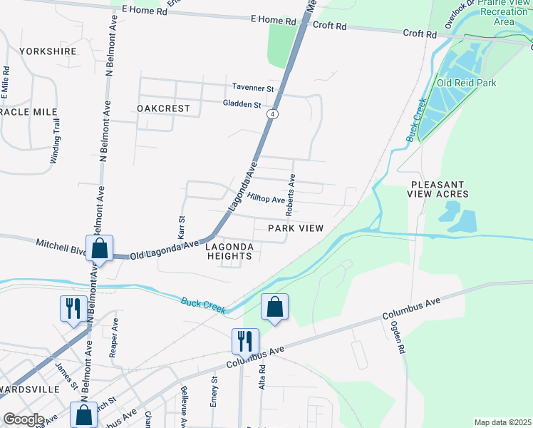 map of restaurants, bars, coffee shops, grocery stores, and more near 2624 Berger Avenue in Springfield