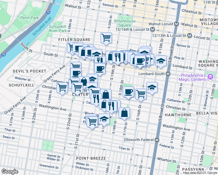 map of restaurants, bars, coffee shops, grocery stores, and more near 762 South 19th Street in Philadelphia