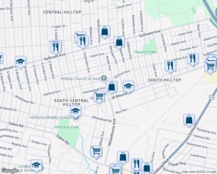 map of restaurants, bars, coffee shops, grocery stores, and more near 664 Whitethorne Avenue in Columbus