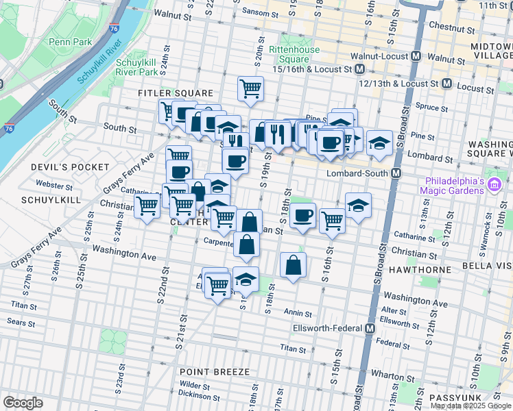 map of restaurants, bars, coffee shops, grocery stores, and more near 762 South 19th Street in Philadelphia