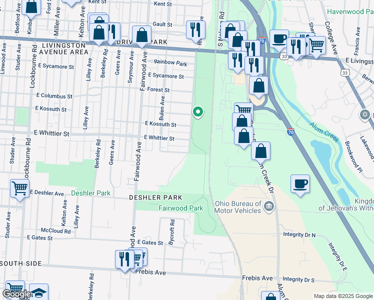 map of restaurants, bars, coffee shops, grocery stores, and more near 1724 Reinhard Avenue in Columbus