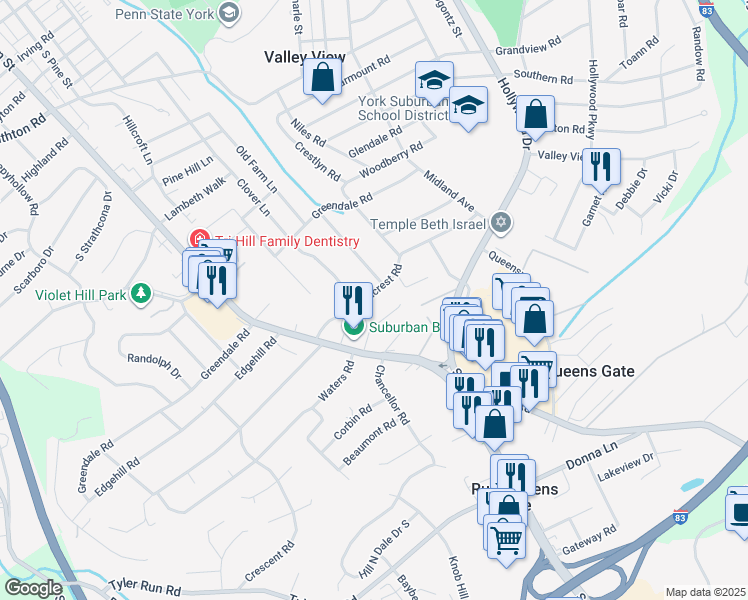 map of restaurants, bars, coffee shops, grocery stores, and more near 556 Hillcrest Road in York