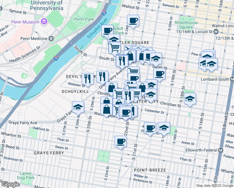 map of restaurants, bars, coffee shops, grocery stores, and more near 2311 Christian Street in Philadelphia