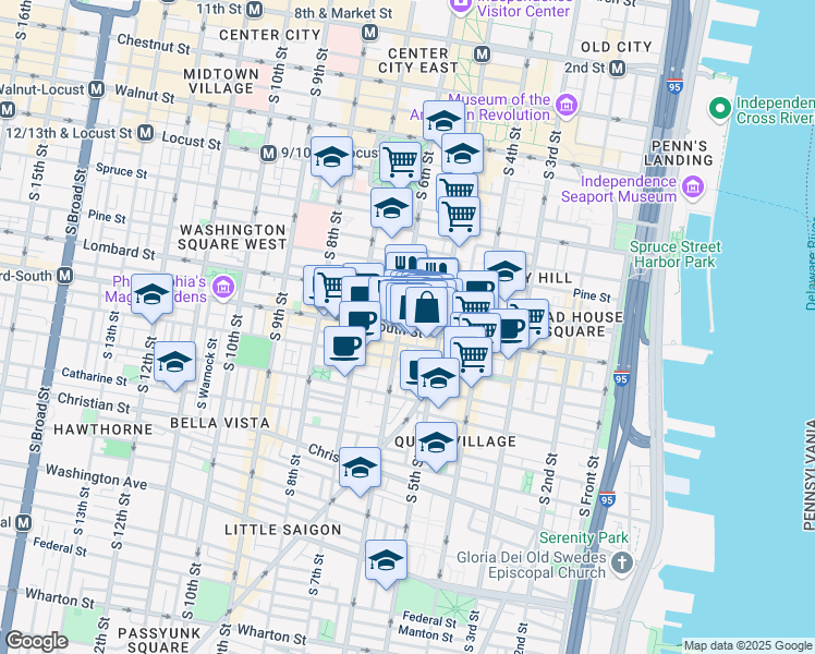 map of restaurants, bars, coffee shops, grocery stores, and more near 535 South Street in Philadelphia