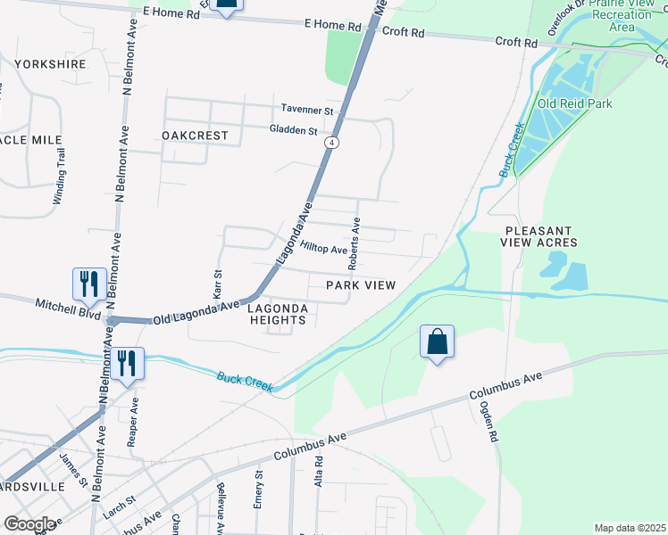 map of restaurants, bars, coffee shops, grocery stores, and more near 2624 Berger Avenue in Springfield