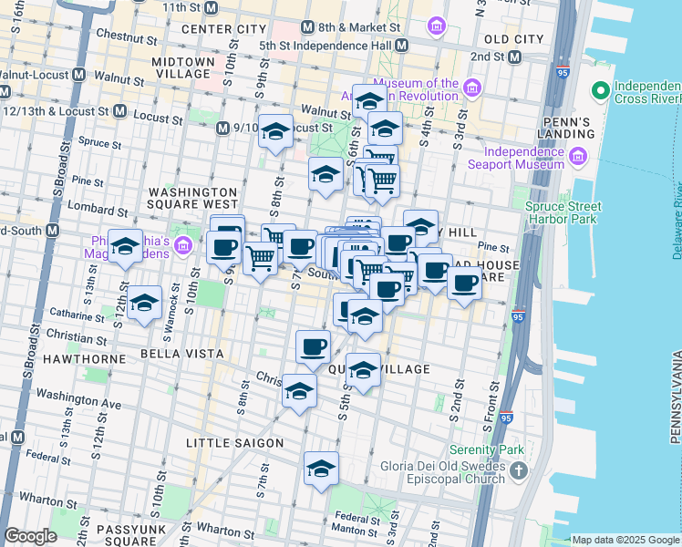 map of restaurants, bars, coffee shops, grocery stores, and more near 533 South Street in Philadelphia