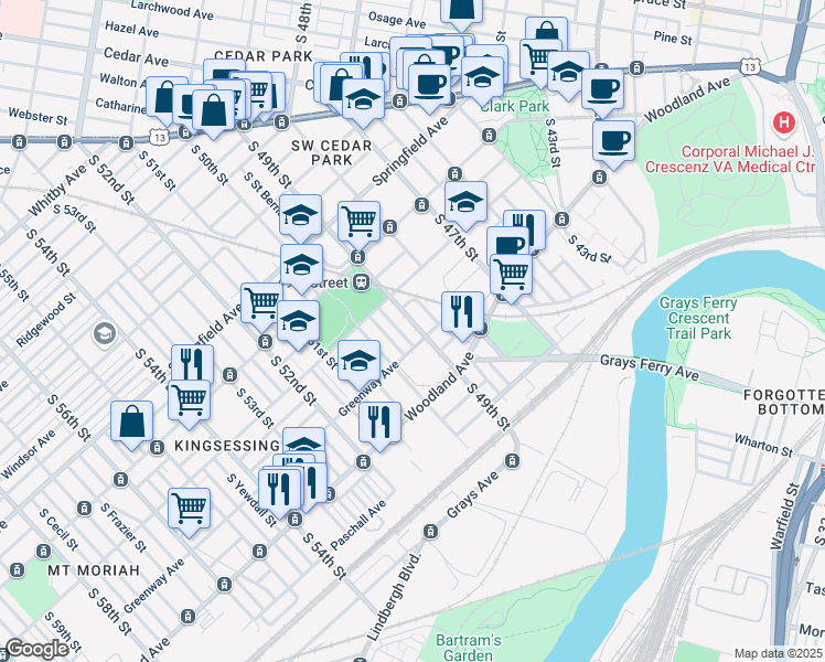 map of restaurants, bars, coffee shops, grocery stores, and more near 1250 South 49th Street in Philadelphia