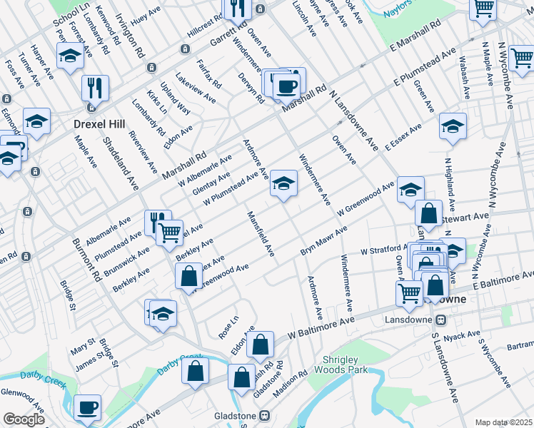 map of restaurants, bars, coffee shops, grocery stores, and more near 206 Berkley Avenue in Lansdowne