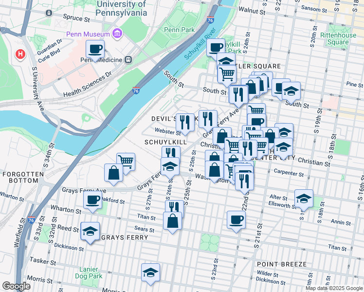 map of restaurants, bars, coffee shops, grocery stores, and more near 2547 Montrose Street in Philadelphia