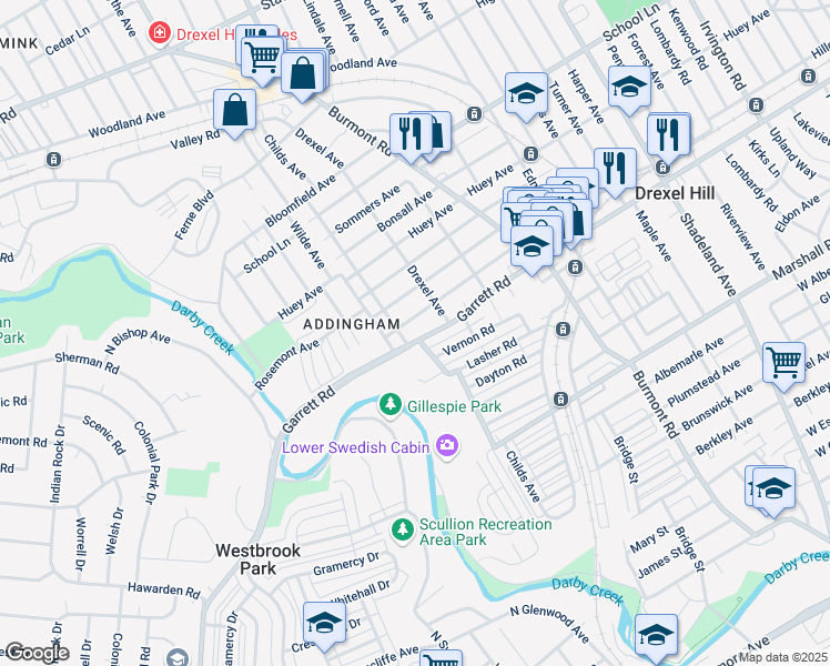 map of restaurants, bars, coffee shops, grocery stores, and more near 4128 Garrett Road in Drexel Hill
