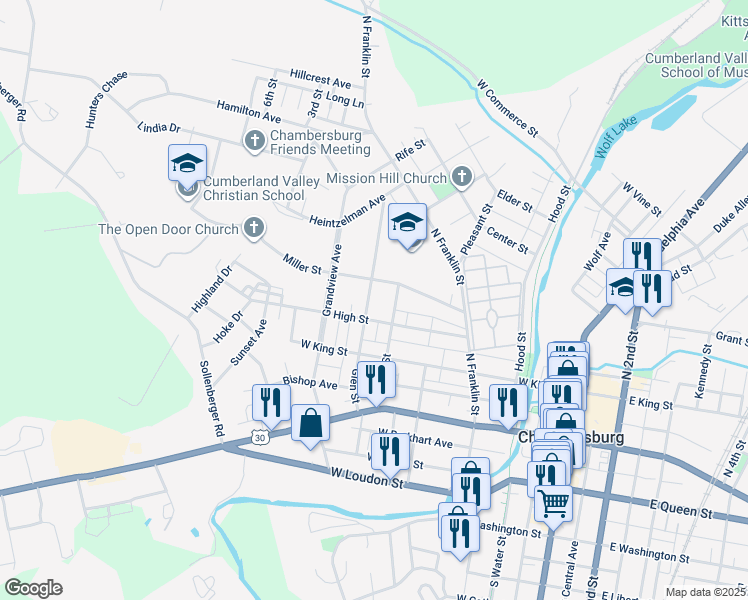 map of restaurants, bars, coffee shops, grocery stores, and more near 224 Glen Street in Chambersburg