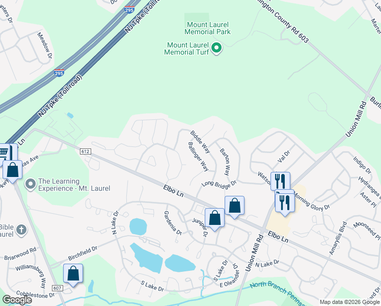map of restaurants, bars, coffee shops, grocery stores, and more near 22 Ballinger Way in Mount Laurel Township