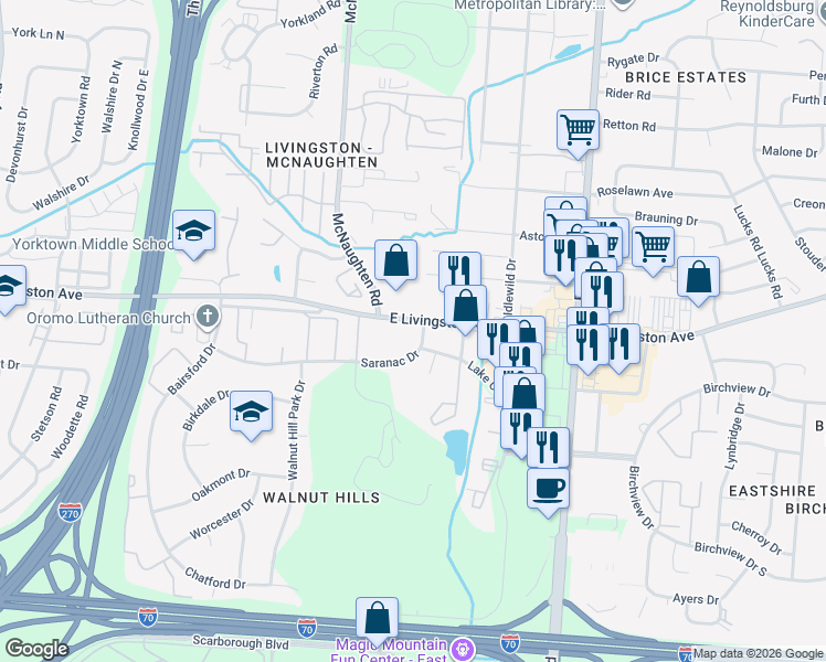 map of restaurants, bars, coffee shops, grocery stores, and more near 5960 Saranac Drive in Columbus