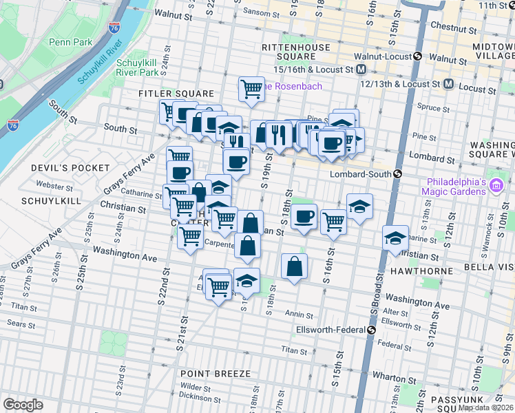 map of restaurants, bars, coffee shops, grocery stores, and more near in Philadelphia