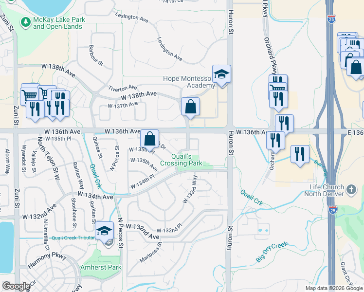 map of restaurants, bars, coffee shops, grocery stores, and more near 1175 West 135th Lane in Westminster