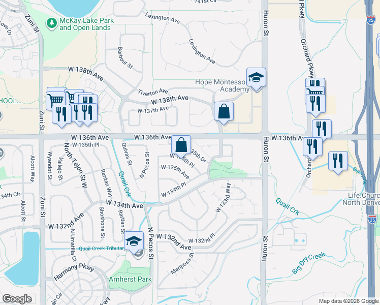 map of restaurants, bars, coffee shops, grocery stores, and more near 1200 West 135th Drive in Westminster