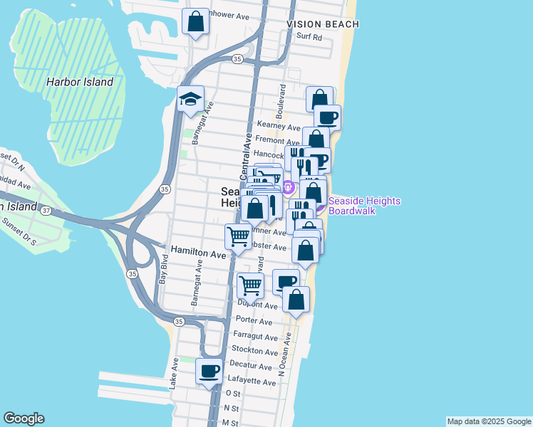 map of restaurants, bars, coffee shops, grocery stores, and more near 604 Ocean Boulevard in Seaside Heights
