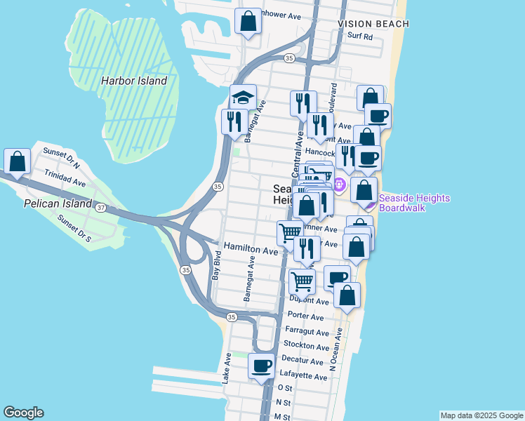 map of restaurants, bars, coffee shops, grocery stores, and more near 610 Barnegat Avenue in Seaside Heights