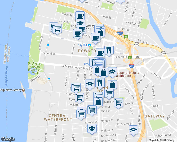 map of restaurants, bars, coffee shops, grocery stores, and more near 437 Stevens Street in Camden