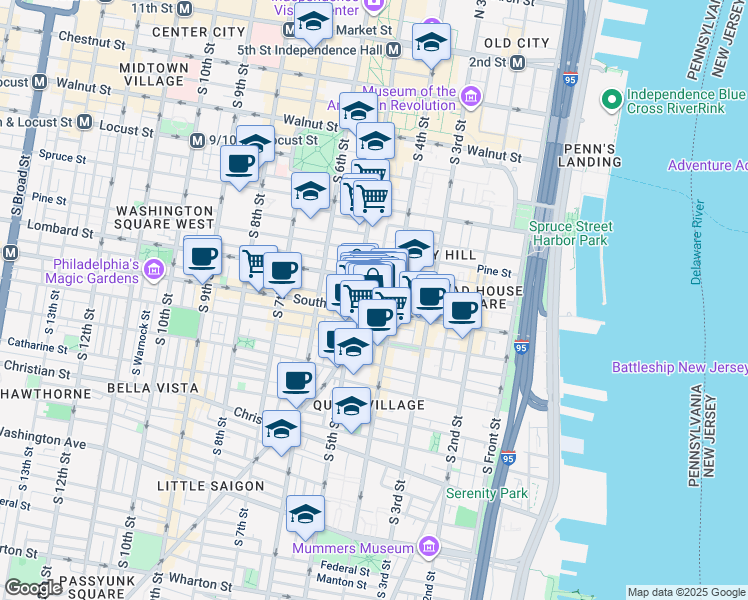 map of restaurants, bars, coffee shops, grocery stores, and more near 432-36 South Street in Philadelphia