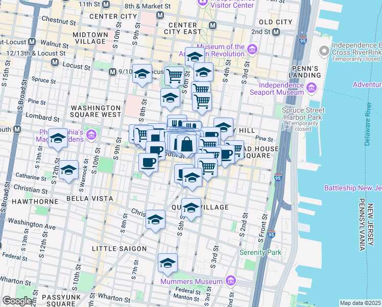 map of restaurants, bars, coffee shops, grocery stores, and more near 517 South Randolph Street in Philadelphia