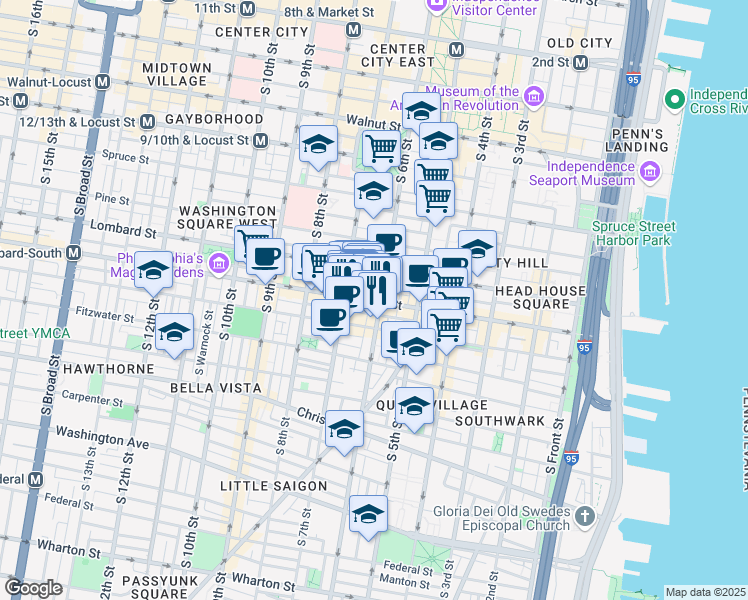 map of restaurants, bars, coffee shops, grocery stores, and more near 617 South Street in Philadelphia