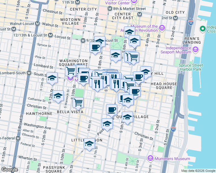 map of restaurants, bars, coffee shops, grocery stores, and more near 607 South 7th Street in Philadelphia