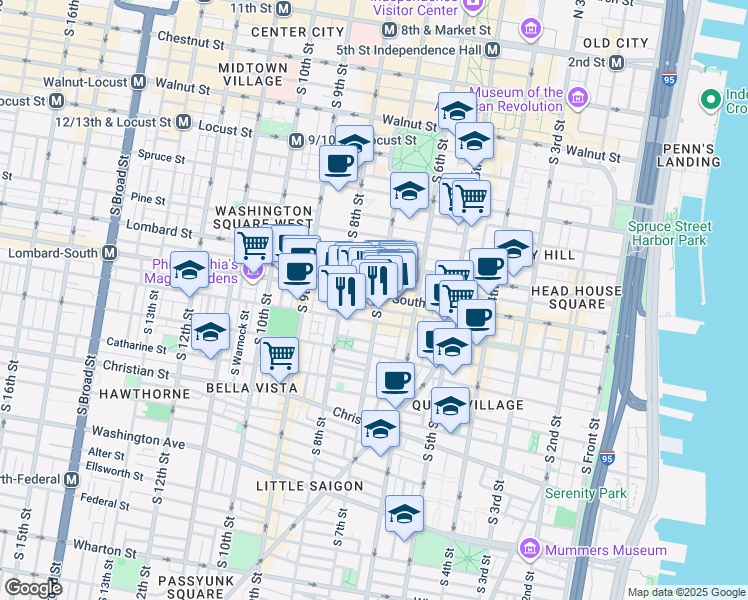 map of restaurants, bars, coffee shops, grocery stores, and more near 714 South Street in Philadelphia