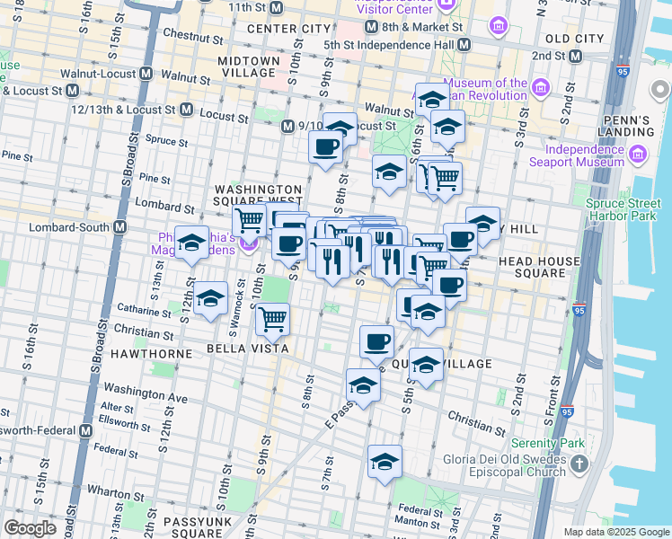 map of restaurants, bars, coffee shops, grocery stores, and more near 607 South 7th Street in Philadelphia