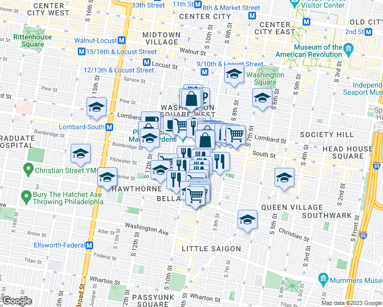 map of restaurants, bars, coffee shops, grocery stores, and more near in Philadelphia