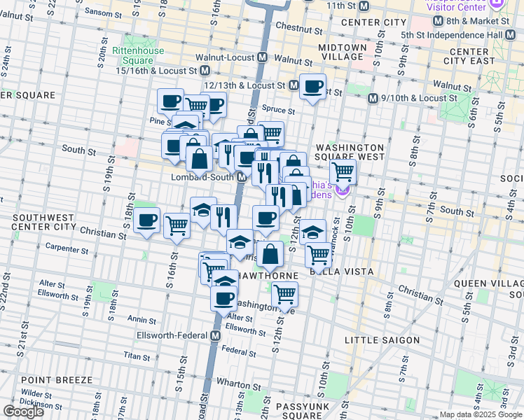 map of restaurants, bars, coffee shops, grocery stores, and more near 1335 Fitzwater Street in Philadelphia