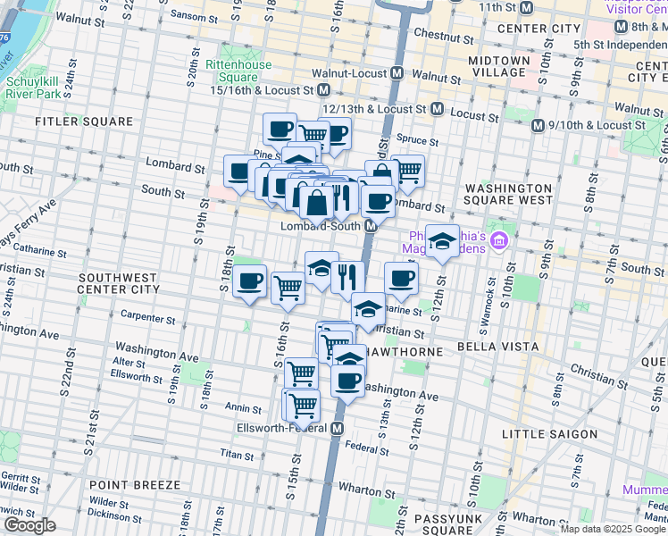 map of restaurants, bars, coffee shops, grocery stores, and more near 1510 Fitzwater Street in Philadelphia
