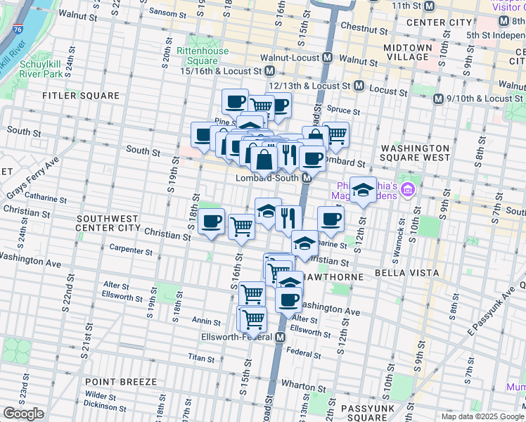 map of restaurants, bars, coffee shops, grocery stores, and more near 1510 Fitzwater Street in Philadelphia