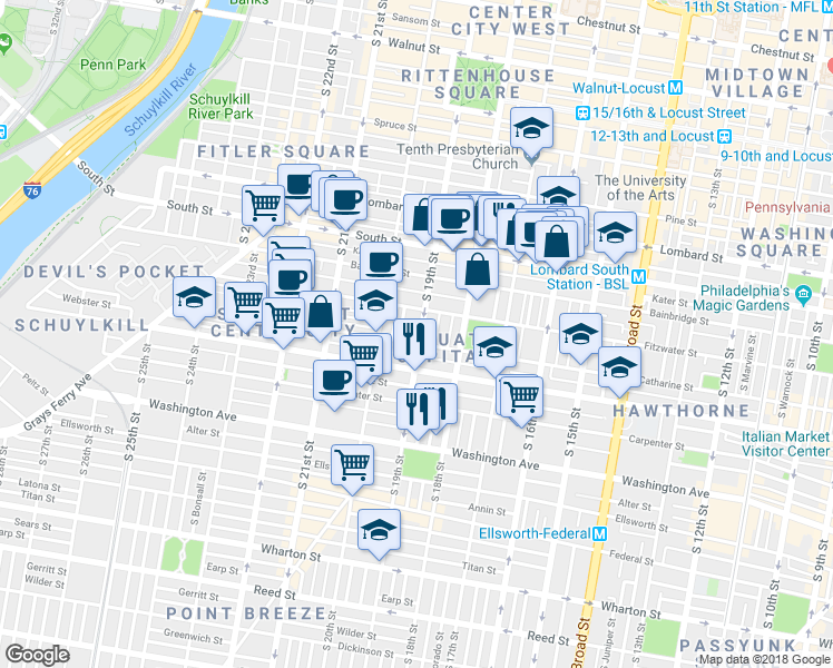 map of restaurants, bars, coffee shops, grocery stores, and more near in Philadelphia