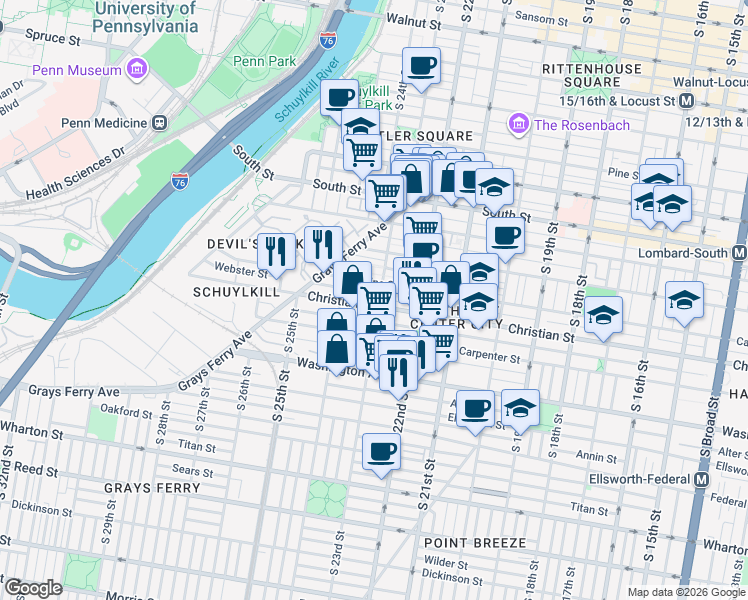 map of restaurants, bars, coffee shops, grocery stores, and more near 2315 Christian Street in Philadelphia
