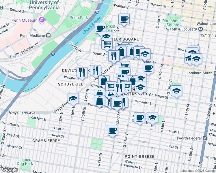 map of restaurants, bars, coffee shops, grocery stores, and more near 2317 Christian Street in Philadelphia