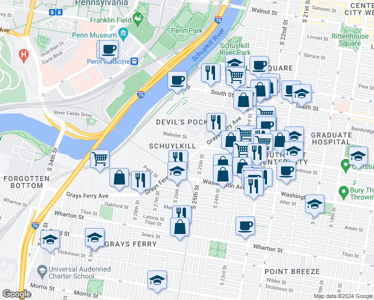 map of restaurants, bars, coffee shops, grocery stores, and more near 2549 Montrose Street in Philadelphia