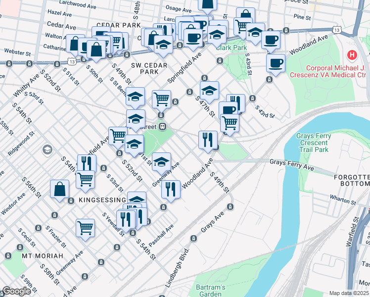 map of restaurants, bars, coffee shops, grocery stores, and more near 1255 Greylock Street in Philadelphia