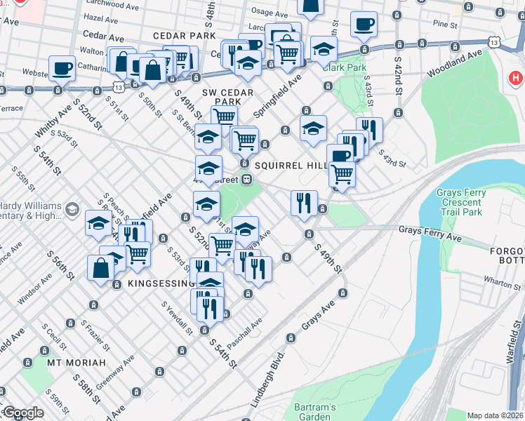 map of restaurants, bars, coffee shops, grocery stores, and more near 1215 South 50th Street in Philadelphia